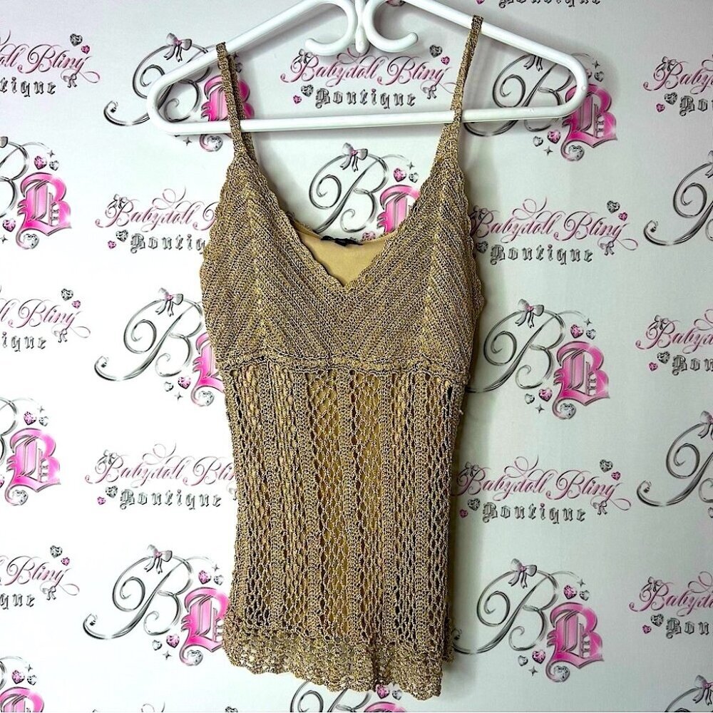 Le Chateau crochet knit gold shimmer sparkly Tan Fitted Ribbed Camisole